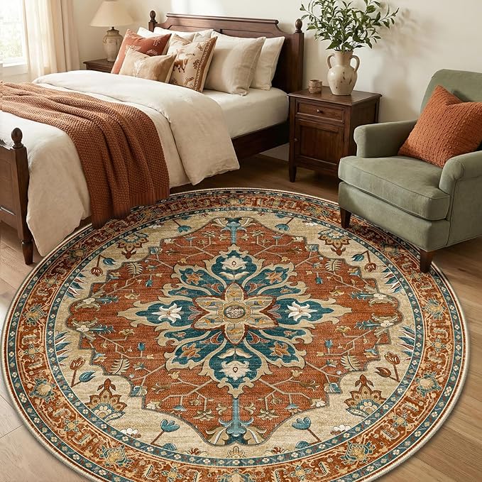 RELEANY Area Rugs Round 6ft Washable Non-Slip, Floral Vintage Distress Print by RELEANY
