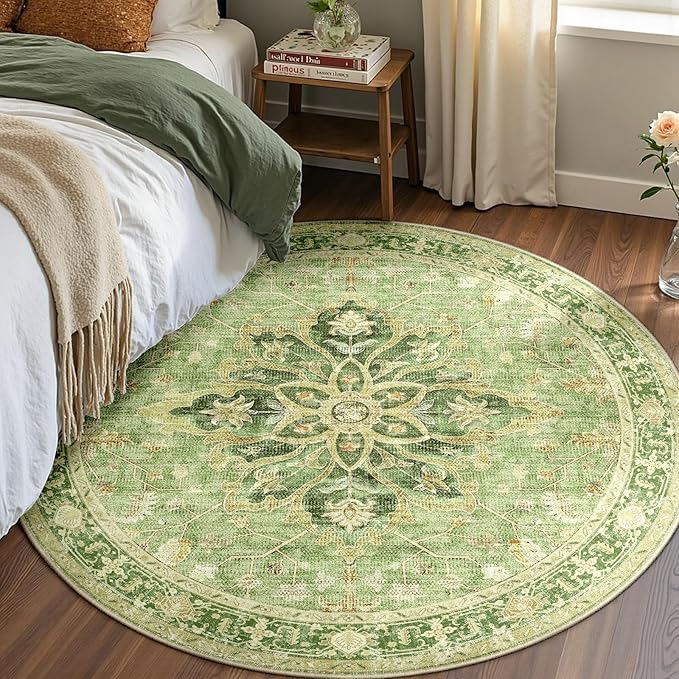 RELEANY Area Rugs Round 5ft Washable Non-Slip, Floral Vintage Distress Print by RELEANY