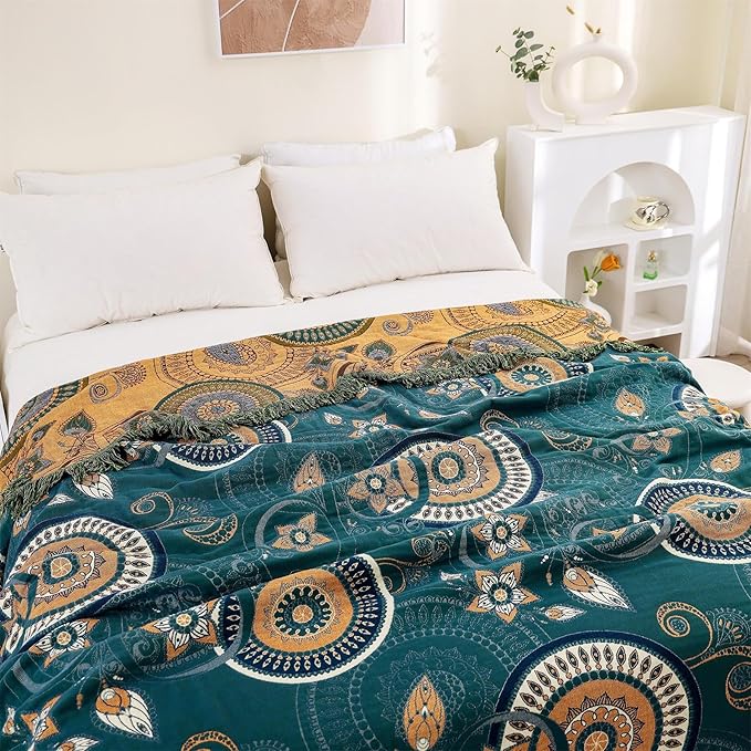 Boho Throw Blanket for Bed 100% Cotton Ultra Soft Rustic Quilt Spring Blanket- - Image 6