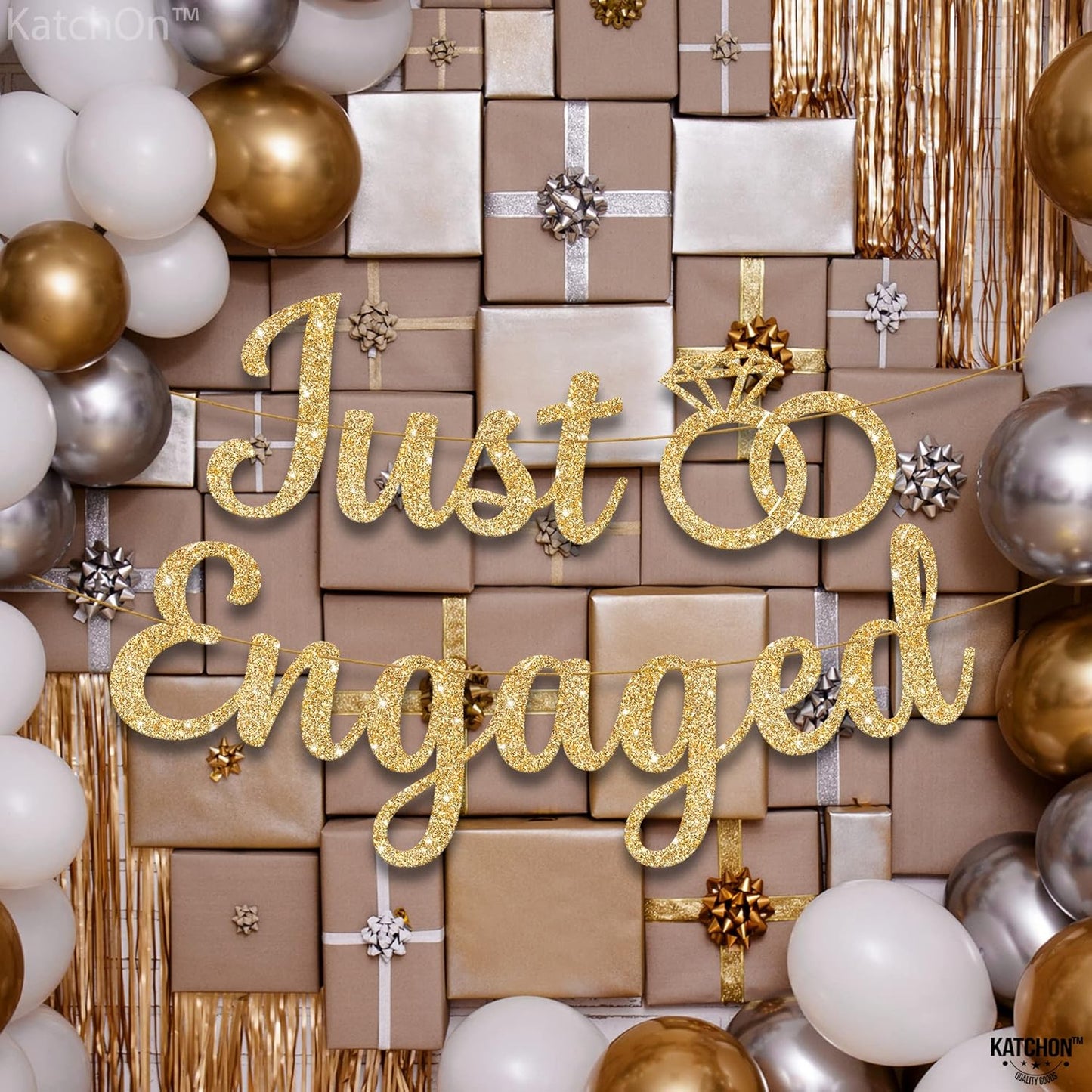 KatchOn, Glitter Gold Just Engaged Banner - 10 Feet, No DIY | Engagement Banner for Just Engaged Decorations | Engagement Party Decorations | Party Decorations