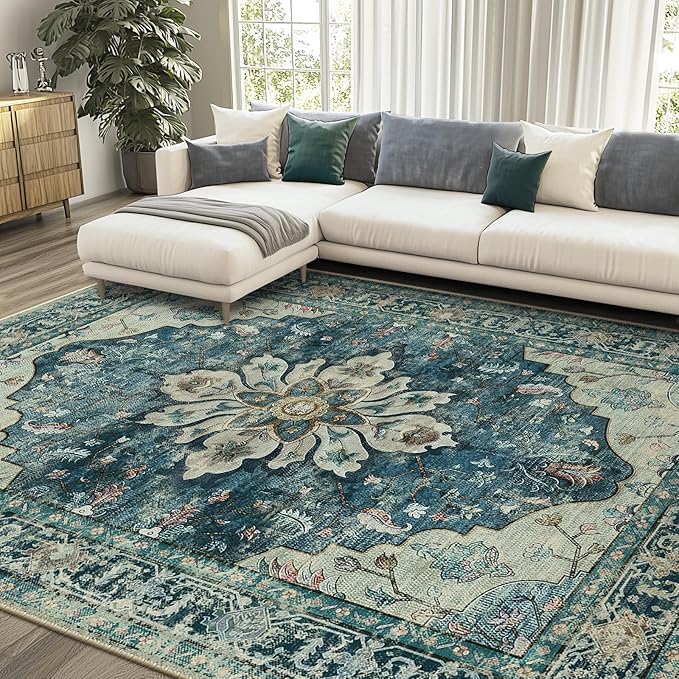 RELEANY Area Rugs 9'x12' Washable Non-Slip, Floral Vintage Distress Print - Image 2