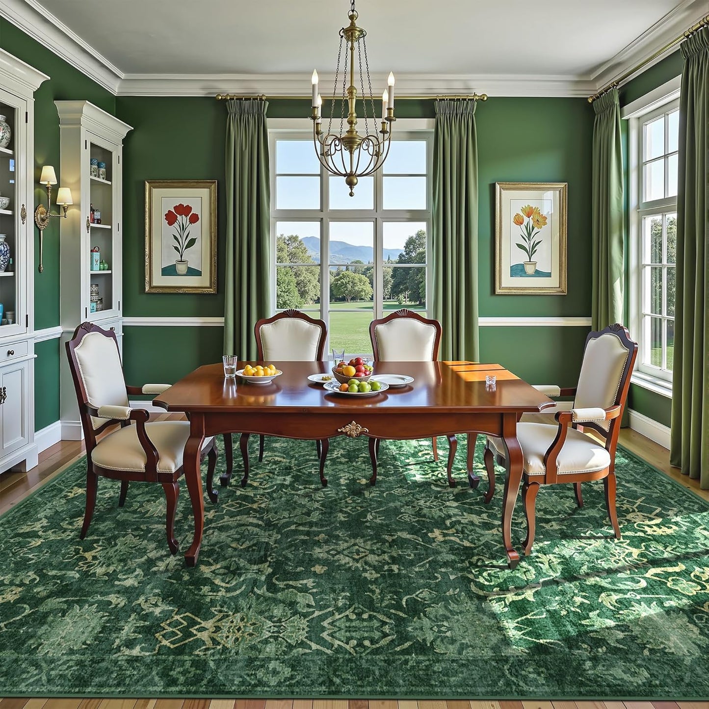 Dark Green Extra Large Area Rug 10x14 for Living Room, Distressed Washable Rug for Dining Room Bedroom, Anti-Slip Low-Pile and Soft Accent Rug Farmhouse Office Home Decor Light Green