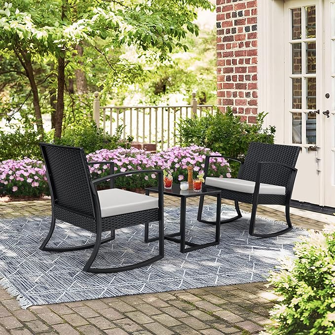 Greesum 3 Pieces Outdoor Furniture Set Patio Bistro Rocking Chairs - Image 3