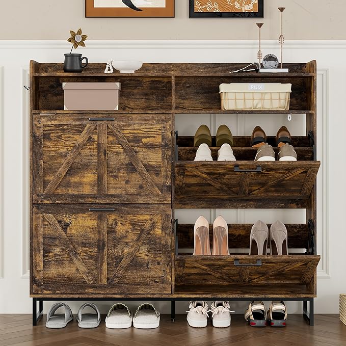 BORNOON Shoe Cabinet with 4 Flip Drawers Narrow Shoe Storage Cabinet Organizer - Image 5