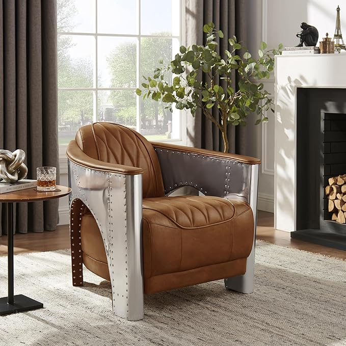 Art Leon Genuine Leather Accent Chair, Mid Century Industrial Armchair - Image 7