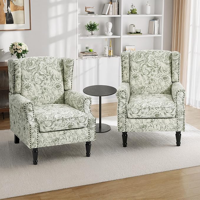 Pia Ricco Set of 2 Floral Accent Chairs, High Back Upholstered Armchairs - Image 5