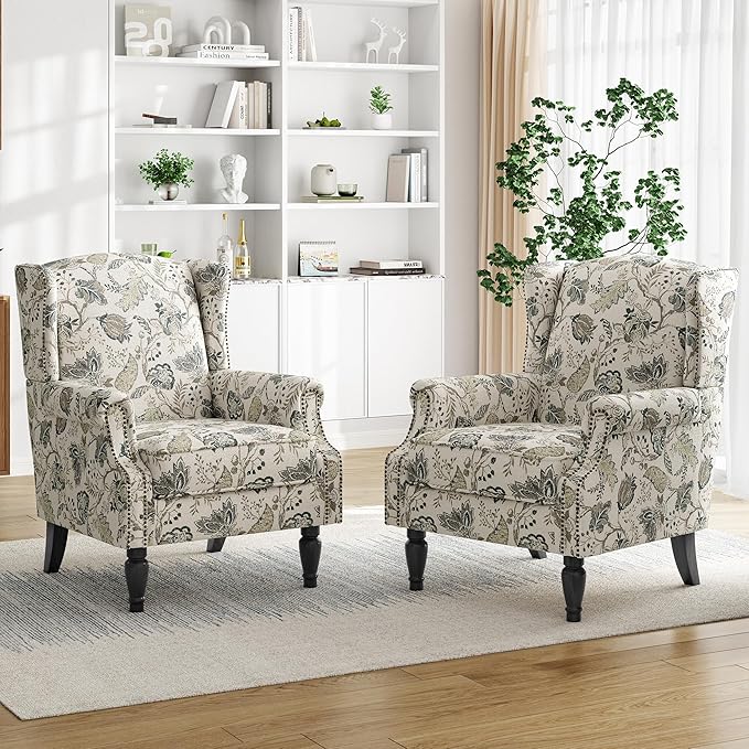 Floral Print Wingback Accent Chair, Retro Modern Farmhouse Armchair - Image 6