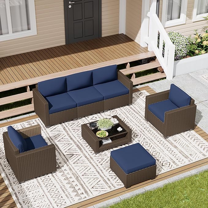 LOUVIXA 7 Piece Outdoor Patio Furniture Set, Rattan Chairs Glass Table Wicker - Image 3