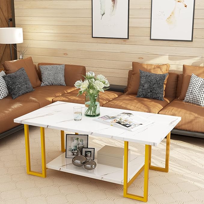 AWQM Marble Coffee Table, Faux Marble Top Rectangular Coffee Table - Image 3