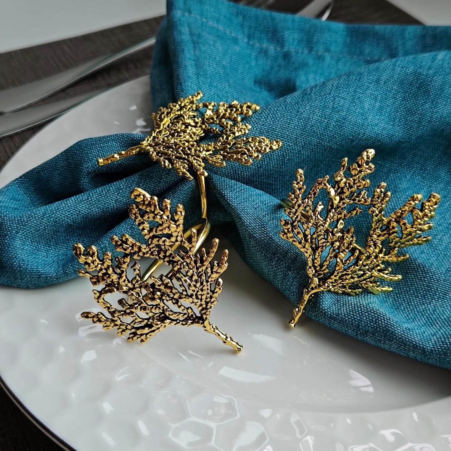 Set of 6 Gold Branch Design Napkin Rings - Elegant Metal Decor for Dinner Table, Wedding, Party