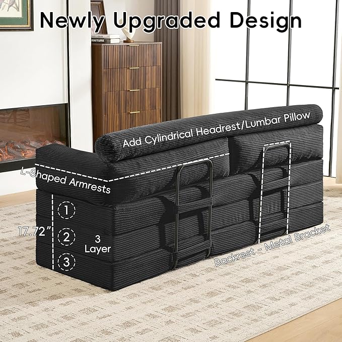 78" Boneless Couch, 5-in-1 Convertible Sofa Bed Tri Folding Mattress - Image 8