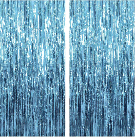 2 Pack Blue Streamers Party Decorations Fringe Backdrop Ocean Themed Decorations Foil Curtain Backdrop Blue Birthday Ocean Party Decor Supplies