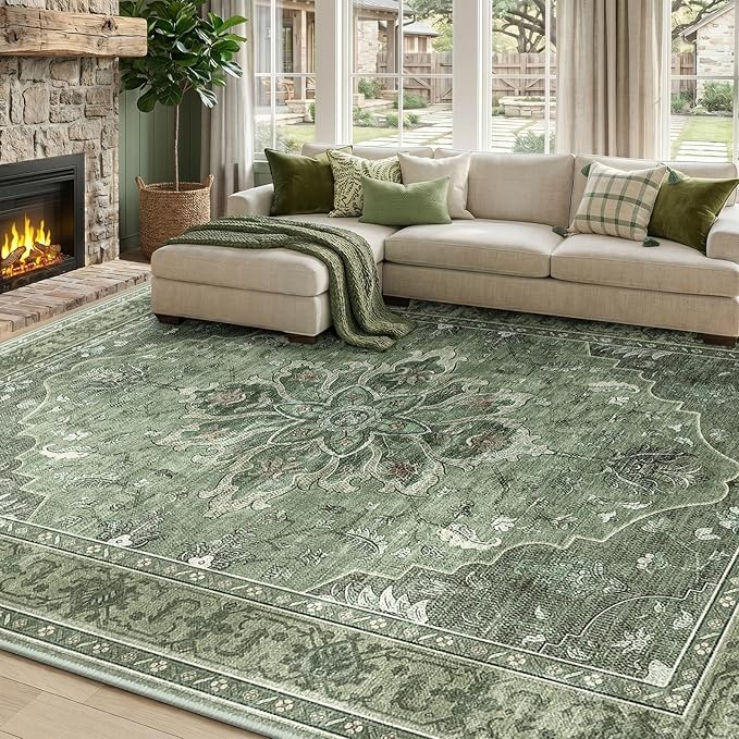 RELEANY Area Rugs 8'x10' Washable Non-Slip, Floral Vintage Distress Print by RELEANY