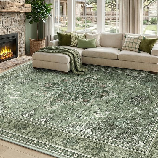 RELEANY Area Rugs 8'x10' Washable Non-Slip, Floral Vintage Distress Print by RELEANY