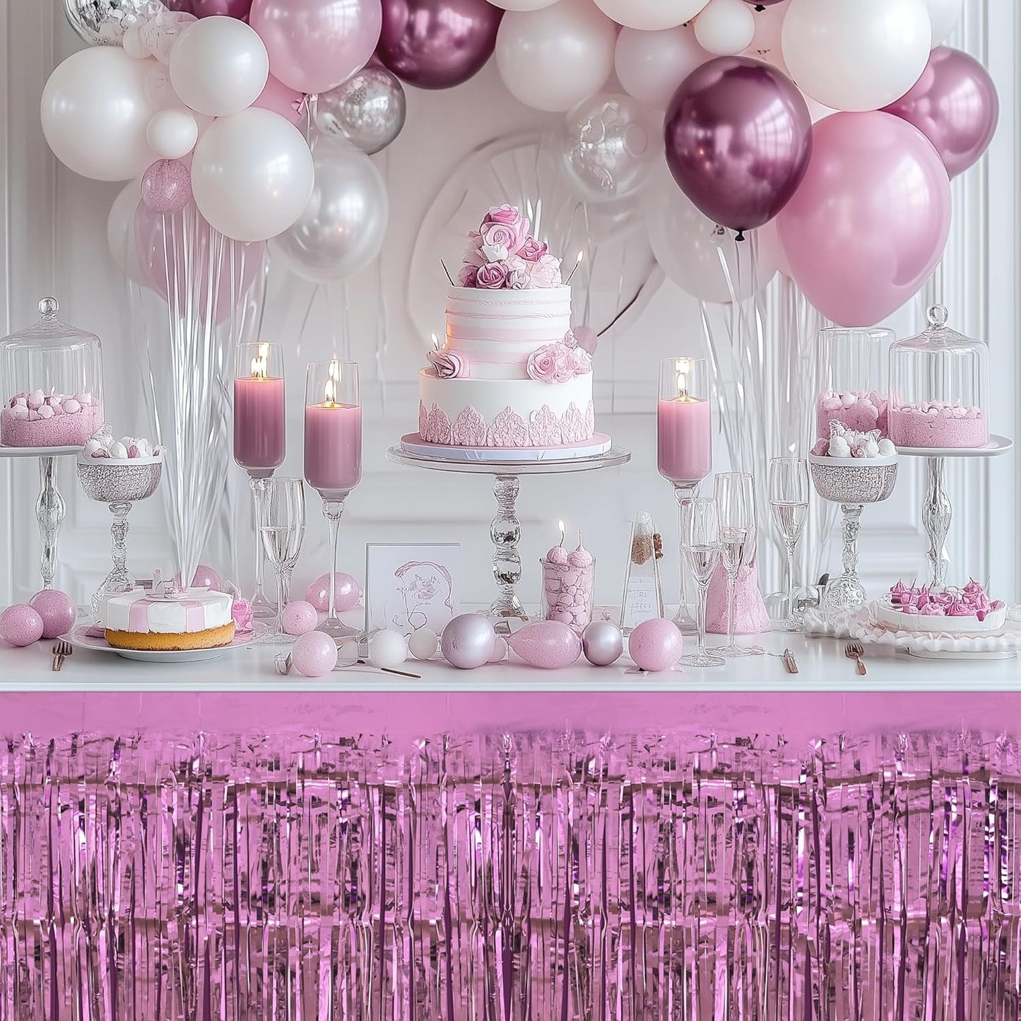 2 Pack Pink Table Skirts, 29x108" Metallic Foil Tinsel Fringe Table Skirts for Rectangle Tables Streamer Curtains Backdrop, Party Decorations for Birthdays Weddings Holidays