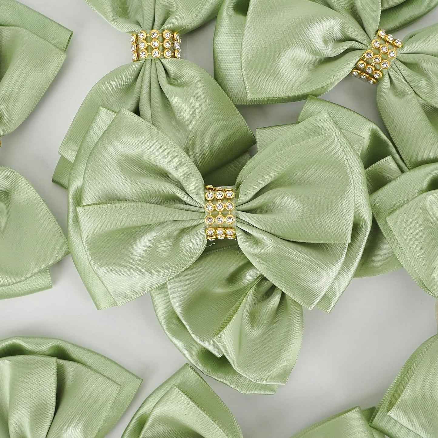 Sage Green Bows 4'' Premade Satin Ribbon Bow, Gift Bows with Rhinestone, Wrapping Bows for Presents, Greeting Cards, Treat Bags, Wine Bottles, Valentines Bows for Gift Wrapping-12 Counts