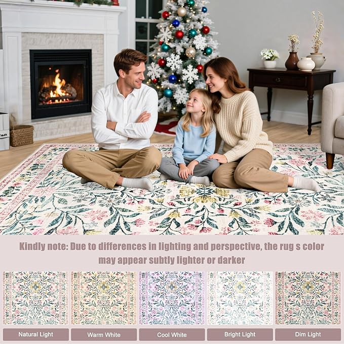 8x10 Area Rugs for Living Room: Floral Washable Rug Vintage Large Soft Boho - Image 8