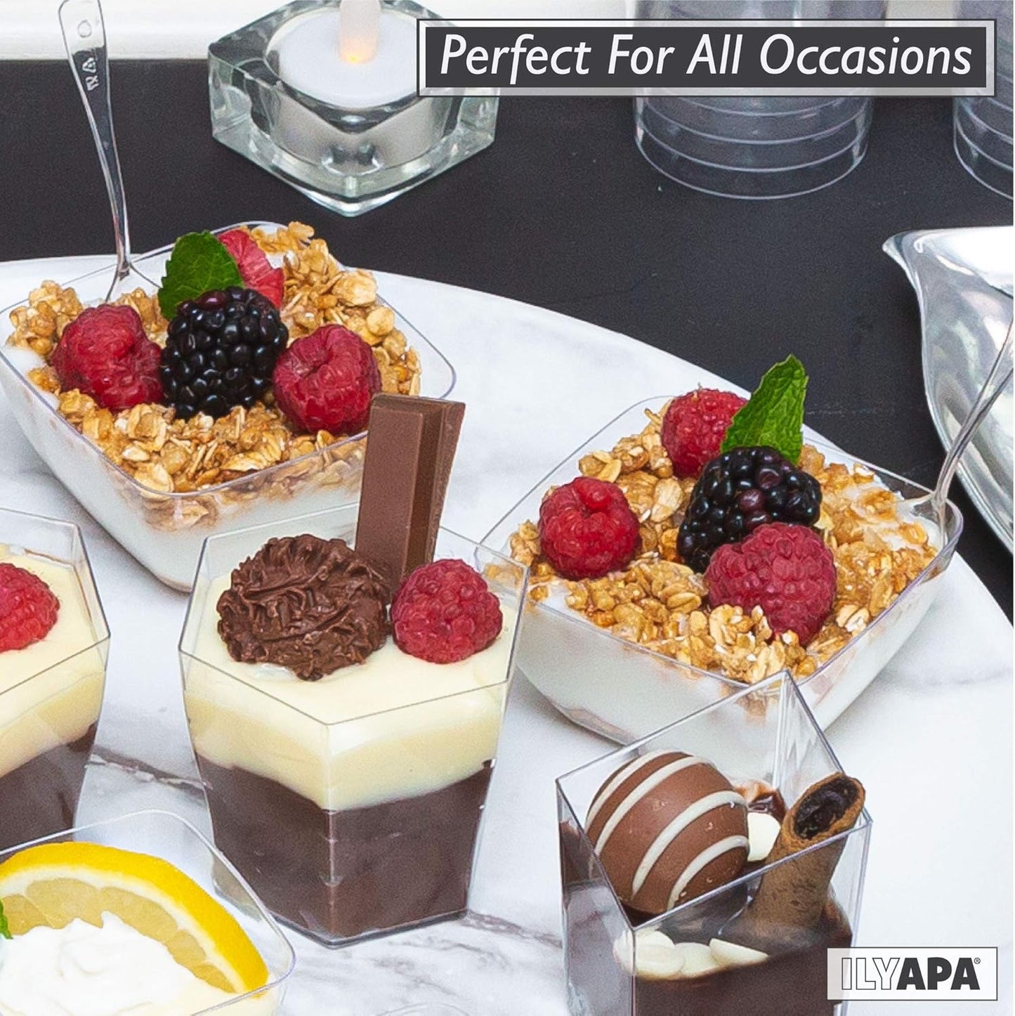 Ilyapa 5oz Plastic Dessert Cups - 100 Pack Mini Dessert Cups with Spoons - Clear Reusable Small Appetizer Cup for Cheesecake Shooters, Chocolate Mousse, Parfait - Party and Catering Supplies - Square
