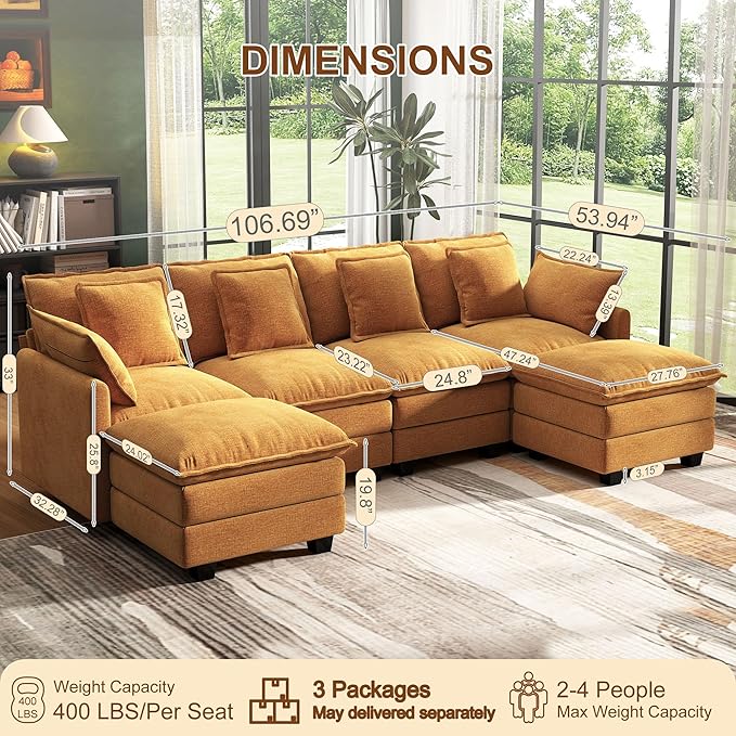 107" Cloud Couch Sectional, U Shaped Modular Sectional Sofa, 4-Seat Deep Seat - Image 3