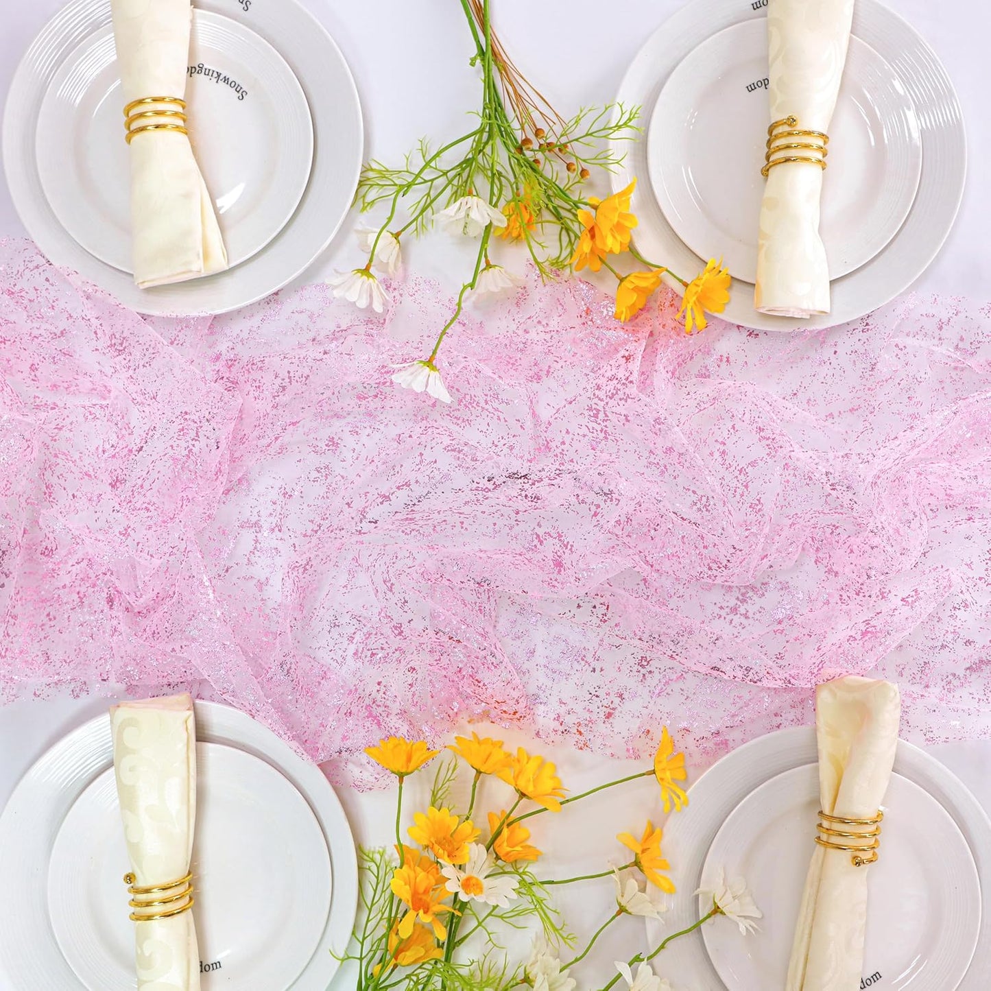 Snowkingdom 10 FT Pink Table Runner, Sequin Glitter Sheer Chiffon Gauze Cheesecloth Pastel Runner 120 Inch , Pink Party Table Decoration for Birthday Wedding Bridal Baby Shower Spring Summer Holiday