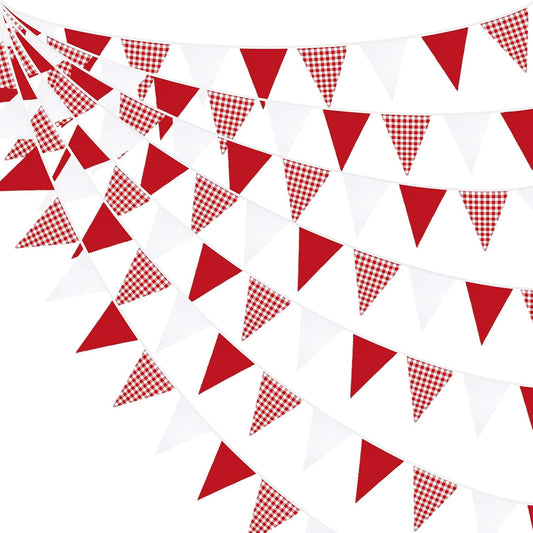 32Ft Red Party Decorations Red Plaid Checkered White Triangle Flag Gingham Pennant Bunting Fabric Garland for Christmas Wedding Birthday Carnival Picnic X-mas Outdoor Home Party Festivals Decoration
