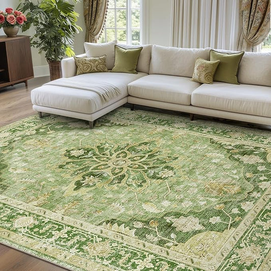 RELEANY Area Rugs 8'x10' Washable Non-Slip, Floral Vintage Distress Print by RELEANY