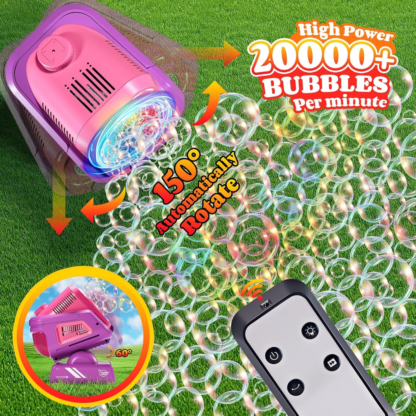 2025 Upgraded Bubble Machine with Remote Control, Automatic Rotation & RGB Lights, 1800mAh Rechargeable Battery, Type-C Charge, Bubble Maker for Kids, Weddings, Birthday Parties, Outdoor Activities