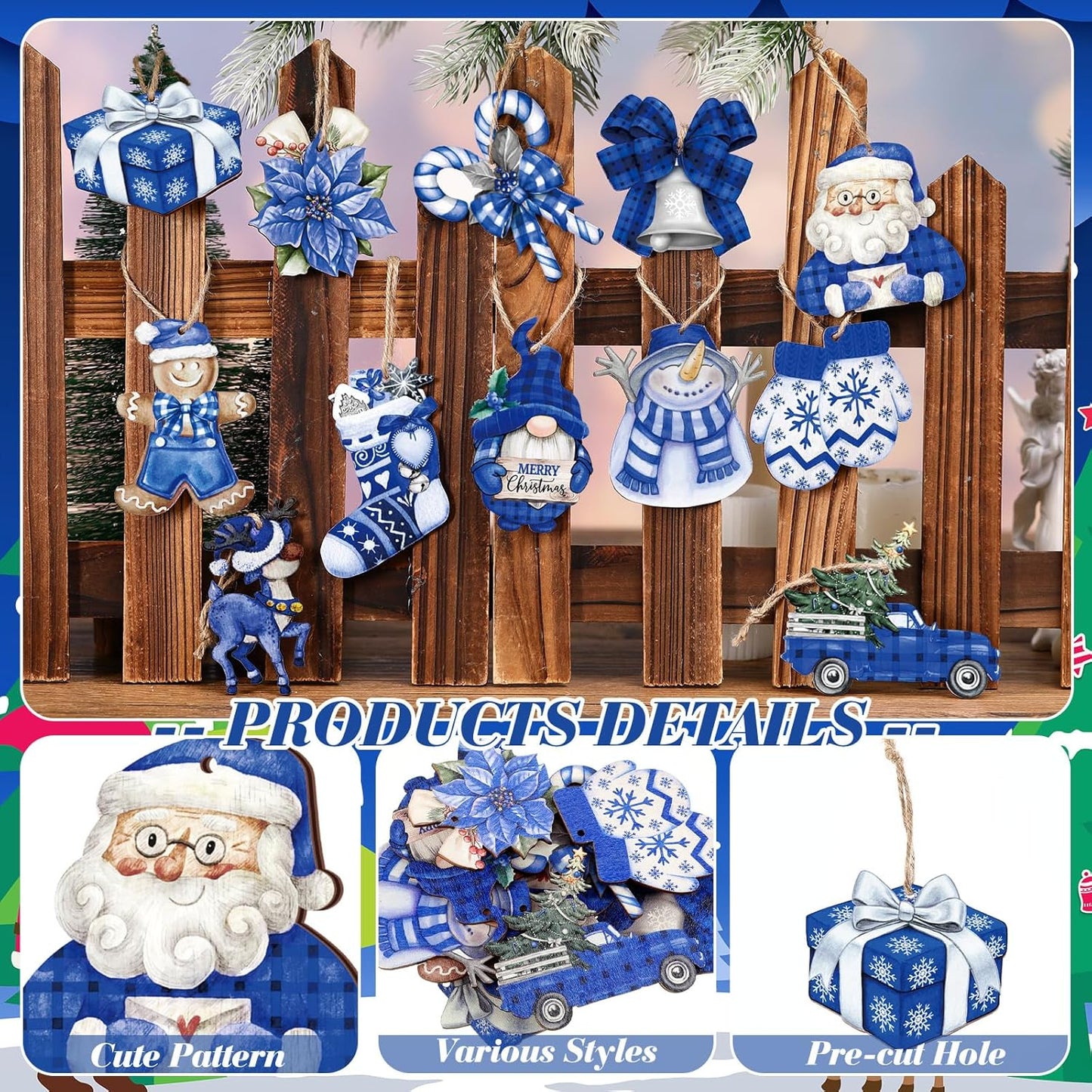 Suzile 36 Pcs Christmas Wooden Ornaments Blue Christmas Ornaments for Tree Vintage Winter Tree Decorations Xmas Hanging Wood Cutouts Decor for Farmhouse Home Winter Holiday Party Wreaths