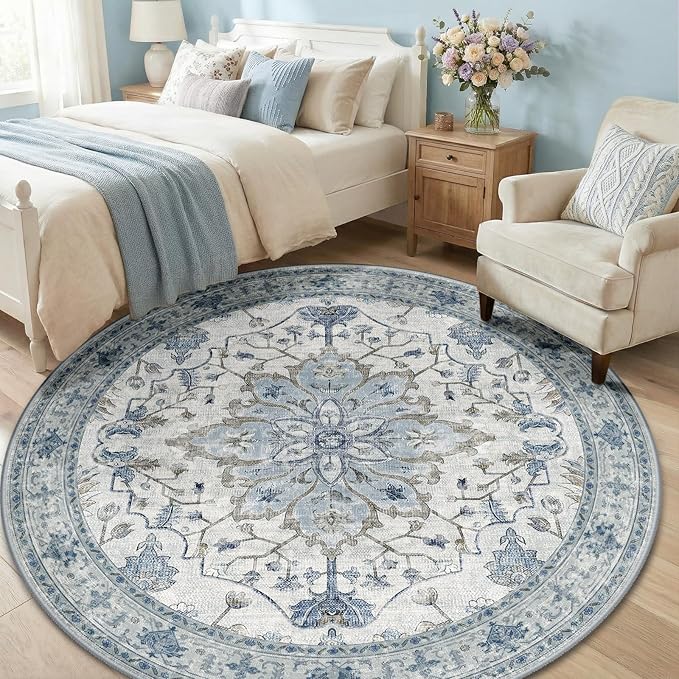 RELEANY Area Rugs Round 6ft Washable Non-Slip, Floral Vintage Distress Print - Image 3