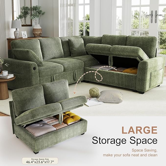 Hanherry Sectional Couch with Pull Out Sofa Bed, Corduroy Sleeper Sofa with 2 - Image 5