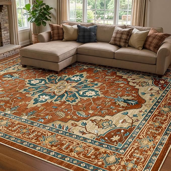 RELEANY Area Rugs 8'x10' Washable Non-Slip, Floral Vintage Distress Print by RELEANY