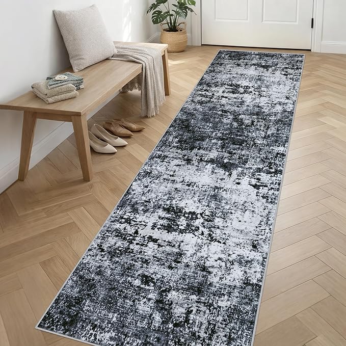2.6'x14' Runner Rug Washable Rug: Modern Abstract Soft Thin Runner Rug Black - Image 3