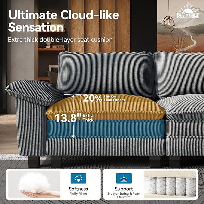 SUNSHINE VALLEY 87.5'' Oversized Loveseat Couch and Chair Set, 3-Seat Corduroy - Image 3