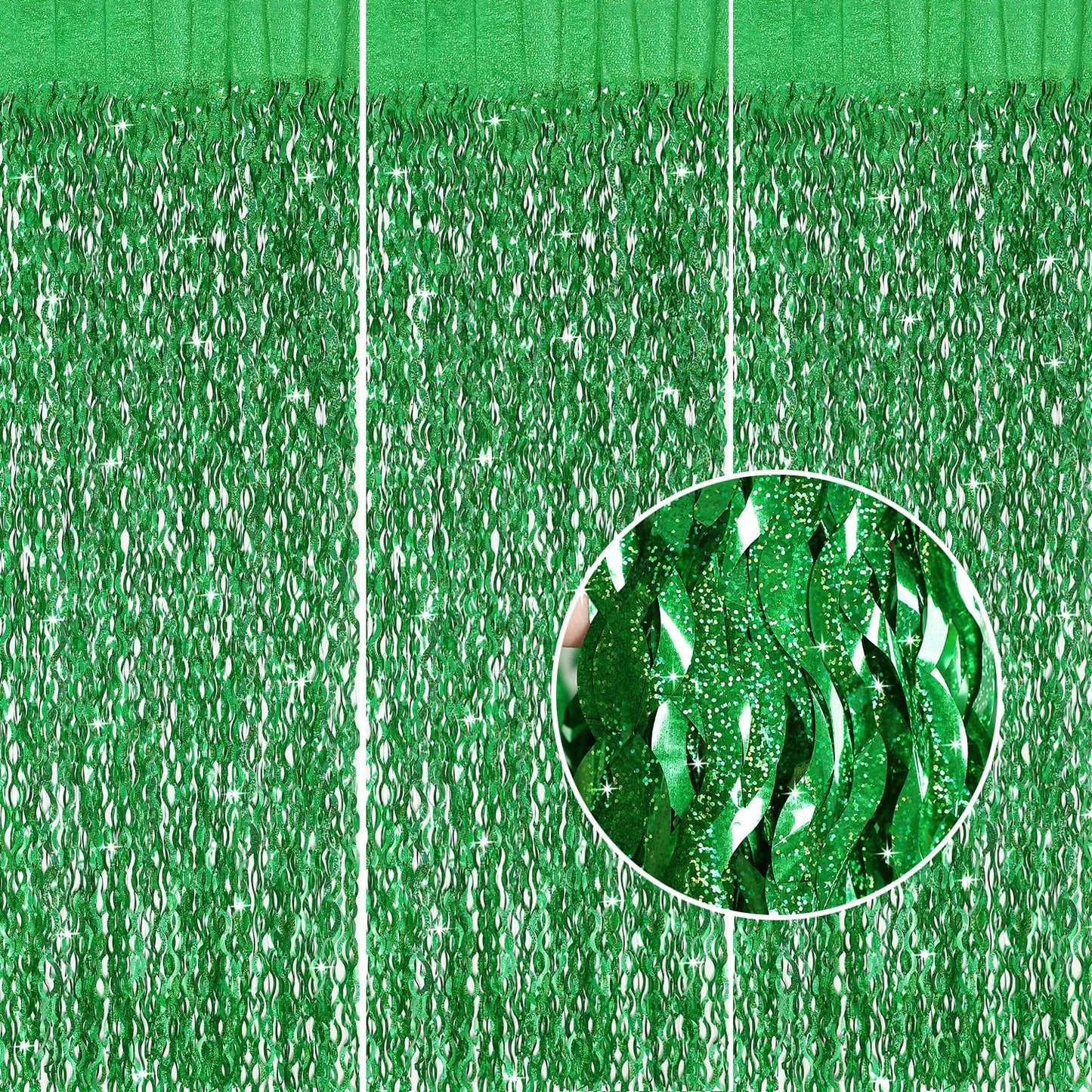 Green Foil Backdrop Curtain - CYLMFC 3 Pack 3.3 ft x 6.6 ft Birthday Streamers Party Curtains Decorations Backdrop Xmas Graduation Decor