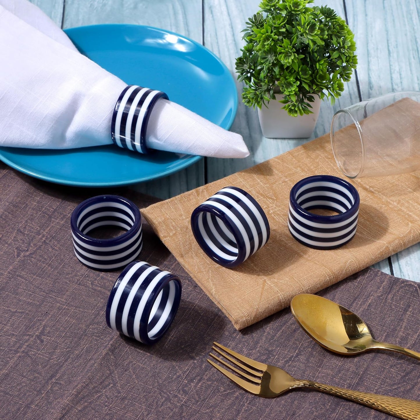 Set of 12 Epoxy Napkin Rings – Elegant Navy Blue & White Napkin Holders for Table Decor, Parties, Weddings & Dining - Modern Round Serviette Rings for Home & Holiday Celebrations - CLEENTABLE