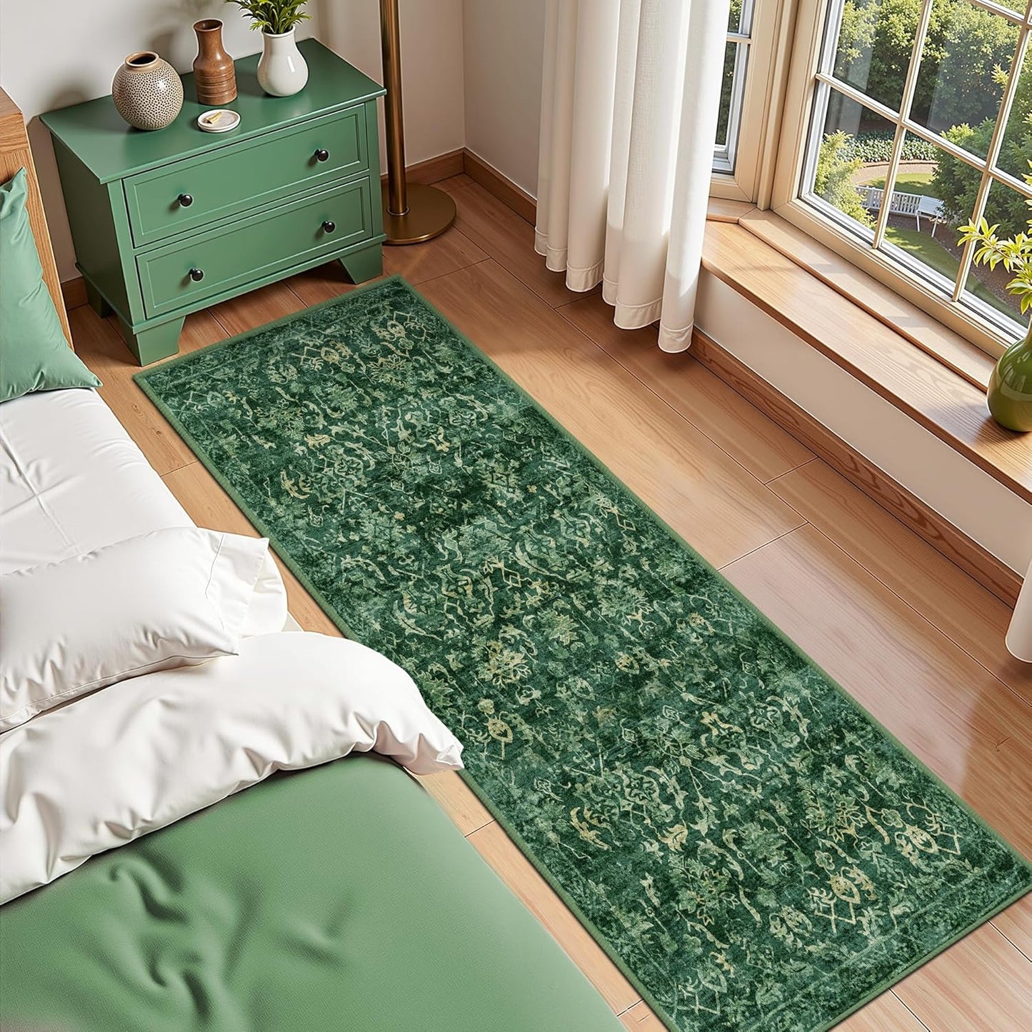 Dark Green 3x7 Runner Rug for Hallways Bed Side Kitchen, Boho Washable Distressed Low-Pile Floor Entryway Long Bathroom Mat, Non-Slip Laundry Room Washstand Front Carpet Green 36x84 Inch