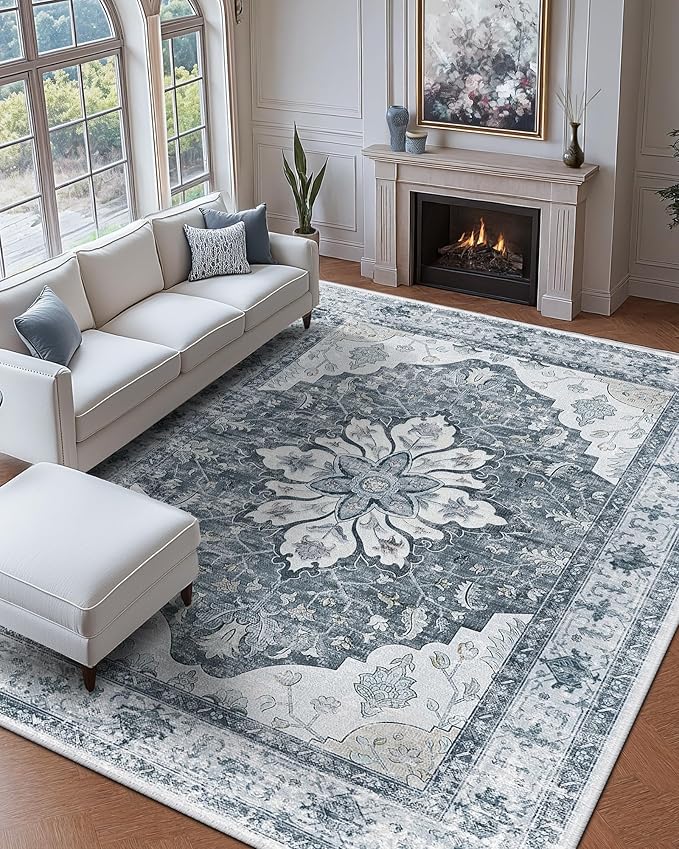 RELEANY Area Rugs 9'x12' Washable Non-Slip, Floral Vintage Distress Print by RELEANY