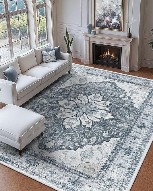 RELEANY Area Rugs 9'x12' Washable Non-Slip, Floral Vintage Distress Print by RELEANY