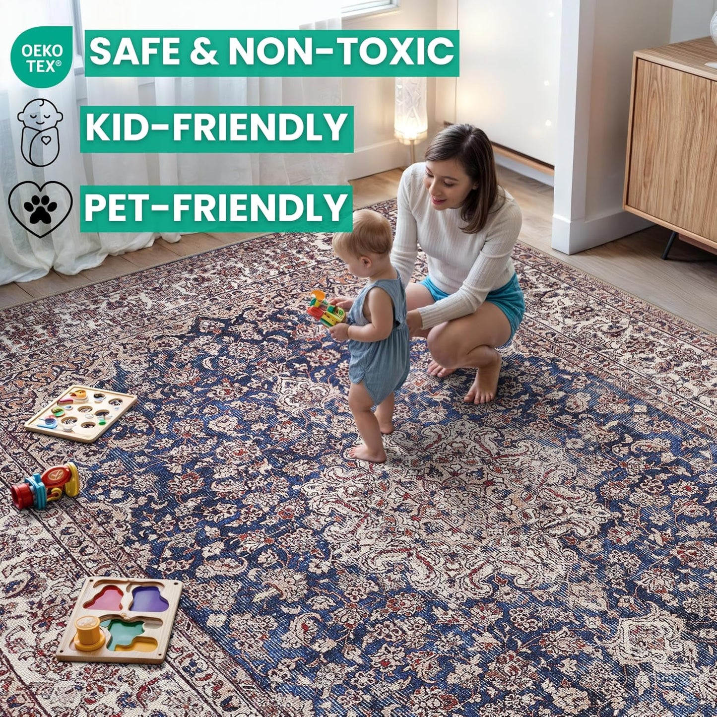 Bloom Rugs Washable Non-Slip 9' x 12' Rug - Dark Blue/Beige Traditional Medallion Area Rug for Living Room, Bedroom, Dining Room, and Kitchen - Exact Size: 9' x 12'