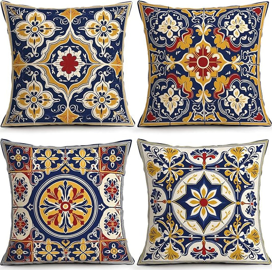 OBSEDE Throw Pillow Covers Set of 4, 18x18 Inch Blue and Yellow Mediterranean by OBSEDE