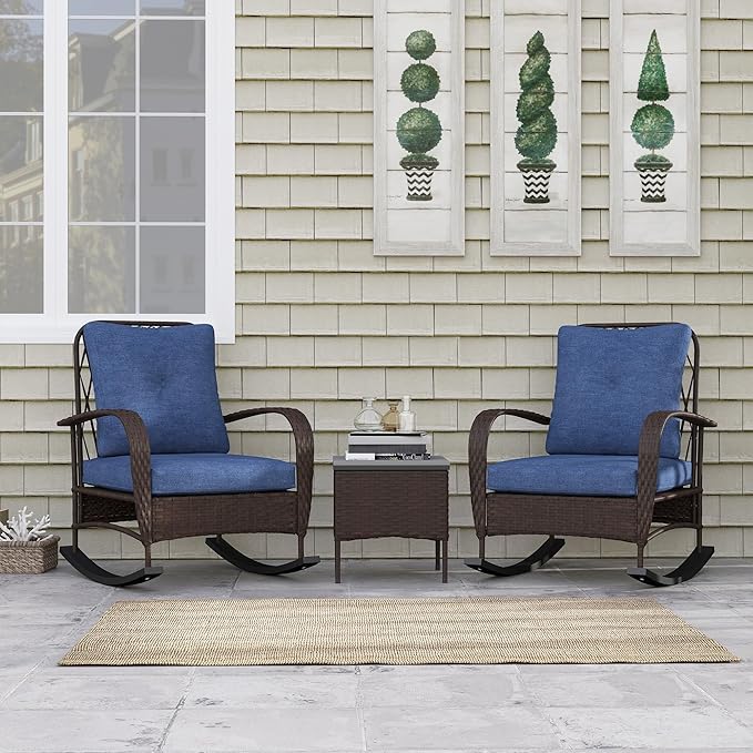 Outsunny 3 Piece Wicker Patio Furniture Set, PE Rattan Rocking Chairs - Image 9