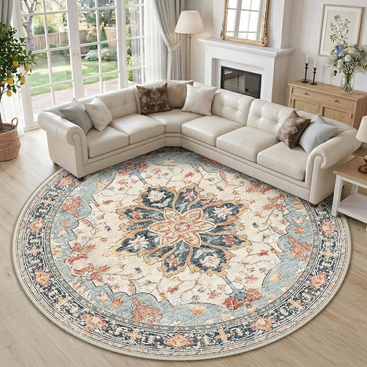 RELEANY Area Rugs Round 10ft Washable Non-Slip, Floral Vintage Distress Print by RELEANY