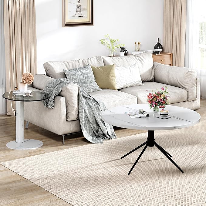Hooseng Set of 2 Round Coffee Tables, Faux Marble Top and Modern Tempered by Hooseng