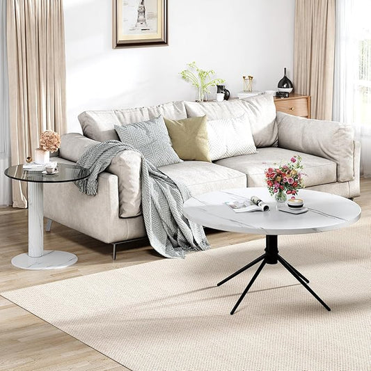Hooseng Set of 2 Round Coffee Tables, Faux Marble Top and Modern Tempered by Hooseng