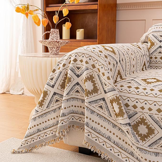 VClife Boho Couch Cover, Aztec Geometric Pattern Jacquard Chenille Couch Cover - Image 4