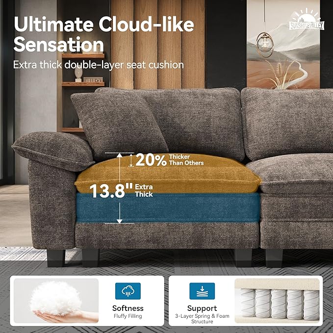 SUNSHINE VALLEY 3 Piece Living Room Sofa Furniture Set, Oversized Chenille 2 - Image 3