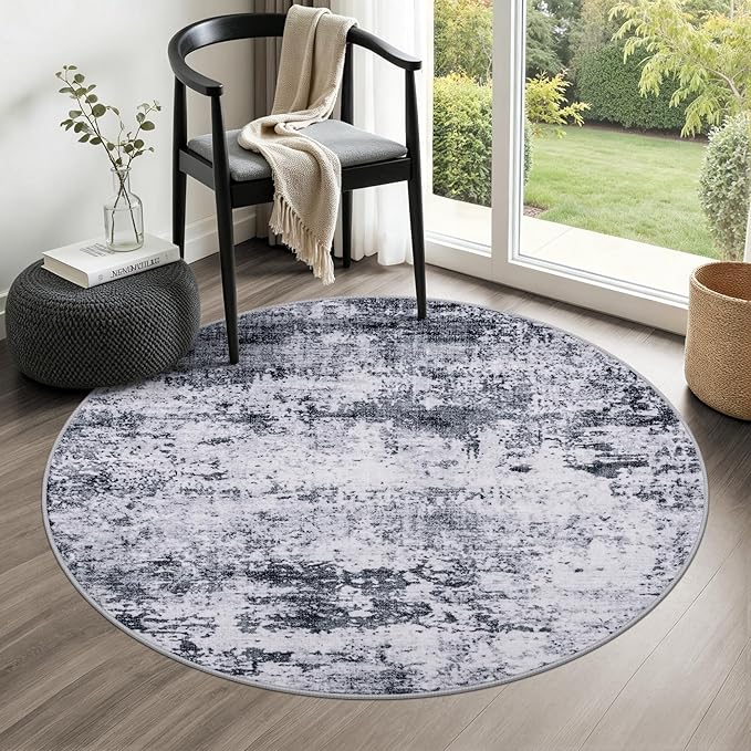 Round Area Rug for Living Room: 4 ft Washable Modern Abstract Soft Thin Rug by FXRHLP