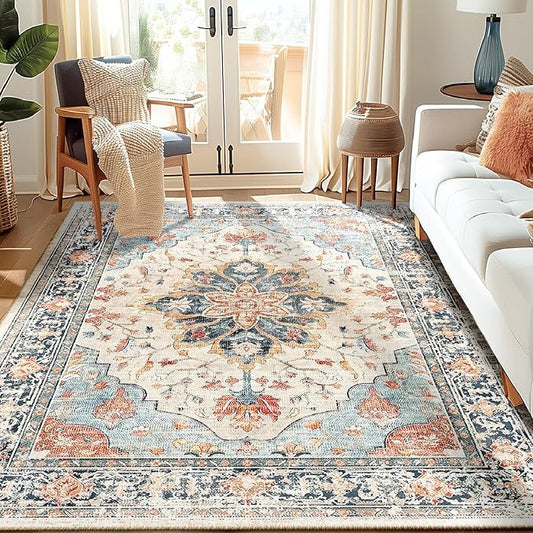 RELEANY Area Rugs 5'x7' Washable Non-Slip, Floral Vintage Distress Print by RELEANY