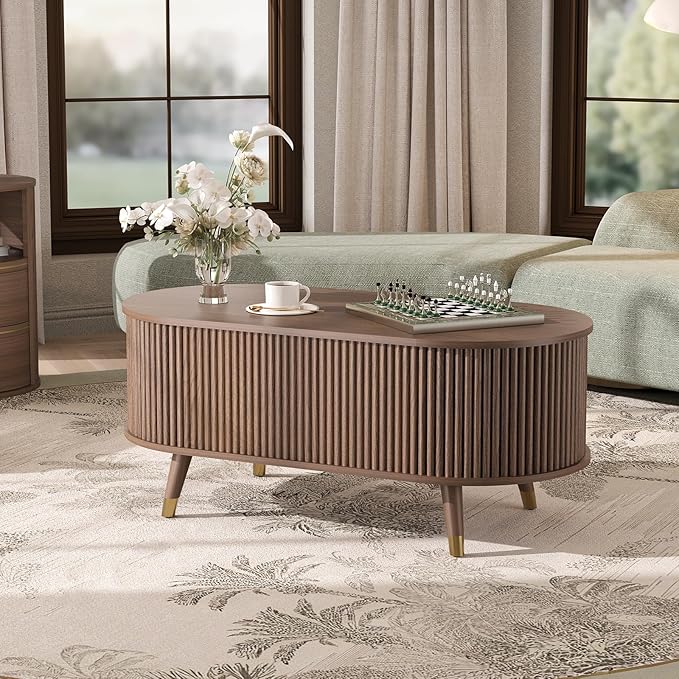 SULIVES Oval Coffee Table with Storage, Small Fluted Center Table - Image 6