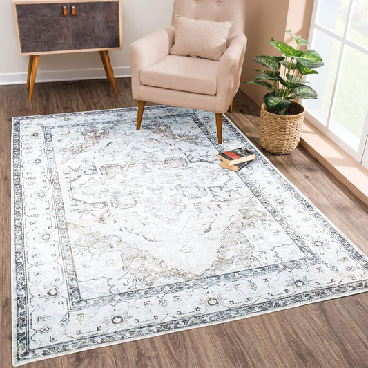Bloom Rugs Washable Non-Slip 8' x 10' Rug - Brown/Beige/Charcoal Traditional Area Rug for Living Room, Bedroom, Dining Room, and Kitchen - Exact Size: 8' x 10'